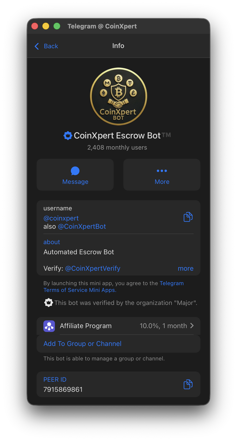 Major – CoinXpert Escrow Bot